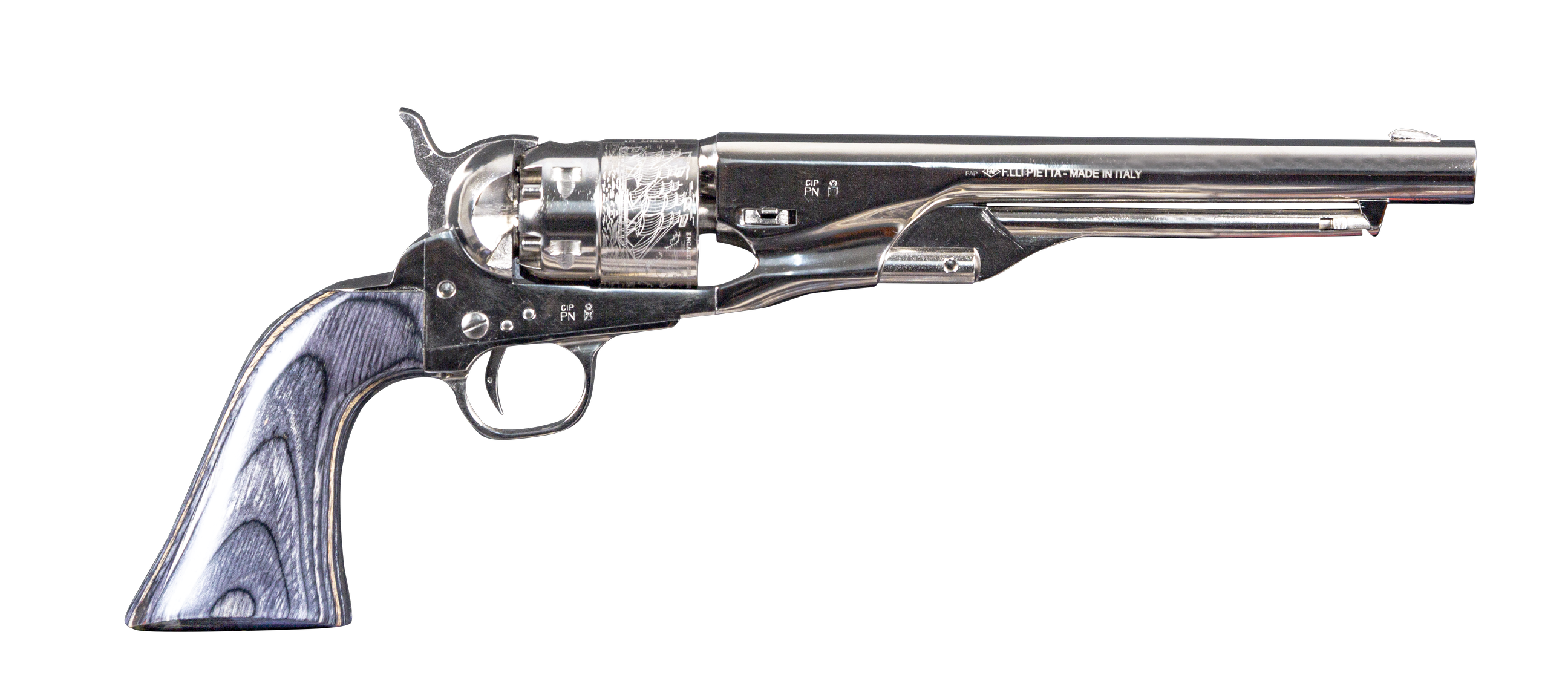 RÉVOLVER À POUDRE NOIRE PIETTA 1860 ARMY ACIER NICKELÉ GRAVÉ 8