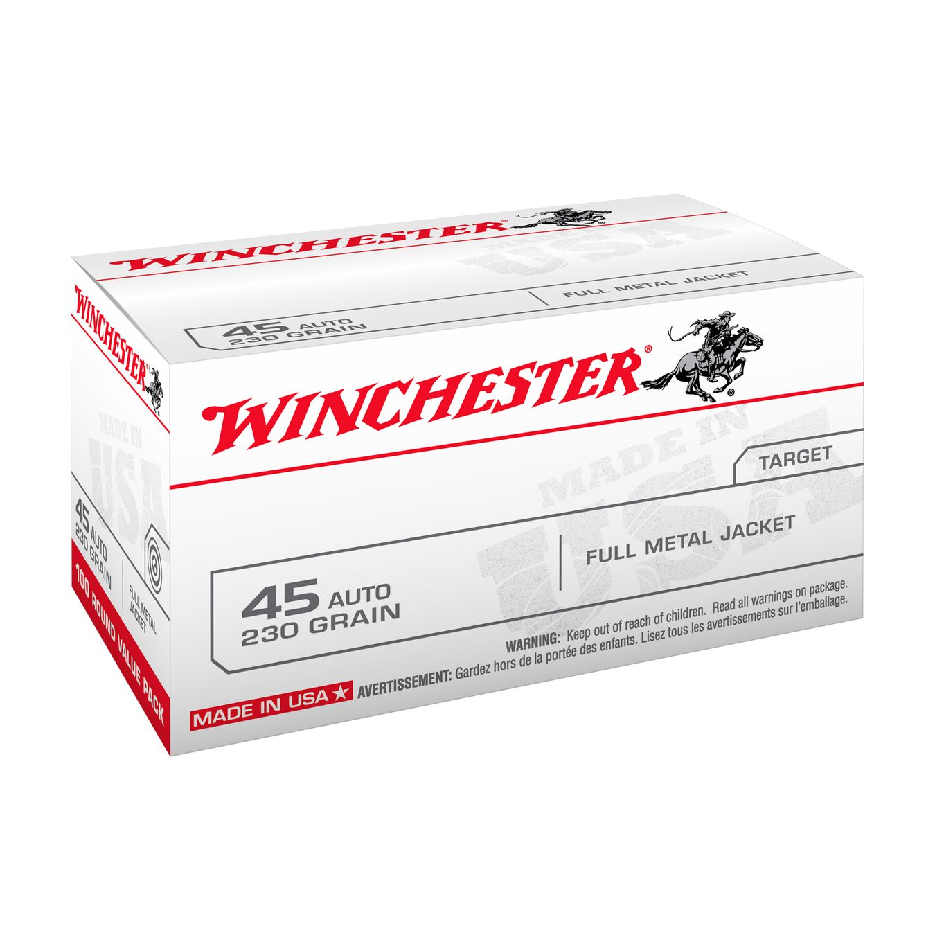 LOT DE 10 BOÎTES WINCHESTER USA .45 ACP FMJ 230 GR – 1 000 CARTOUCHES