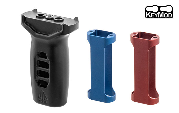 Poignée verticale UTG Super Slim Keymod aluminium avec inserts rouge et bleu