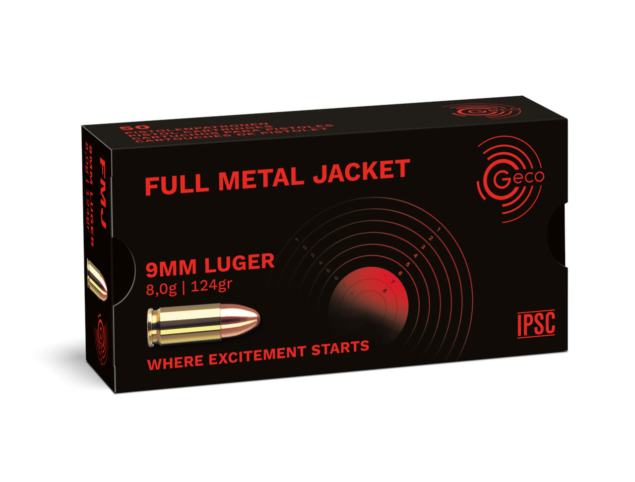 Munitions GECO 9mm Luger 124 gr FMJ – 8 g (124 grains) – Boîte de 50