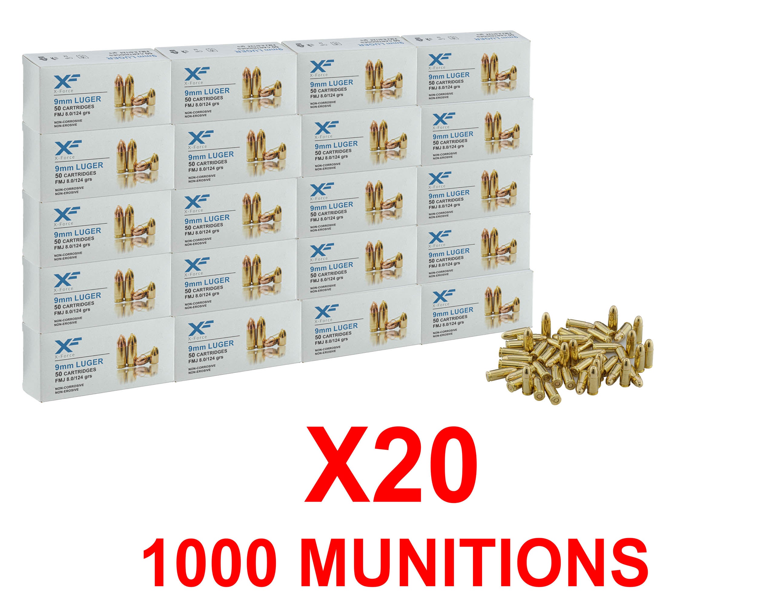 Pack 1000 munitions ATS X-Force 9x19 mm FMJ 124 gr (20x50)