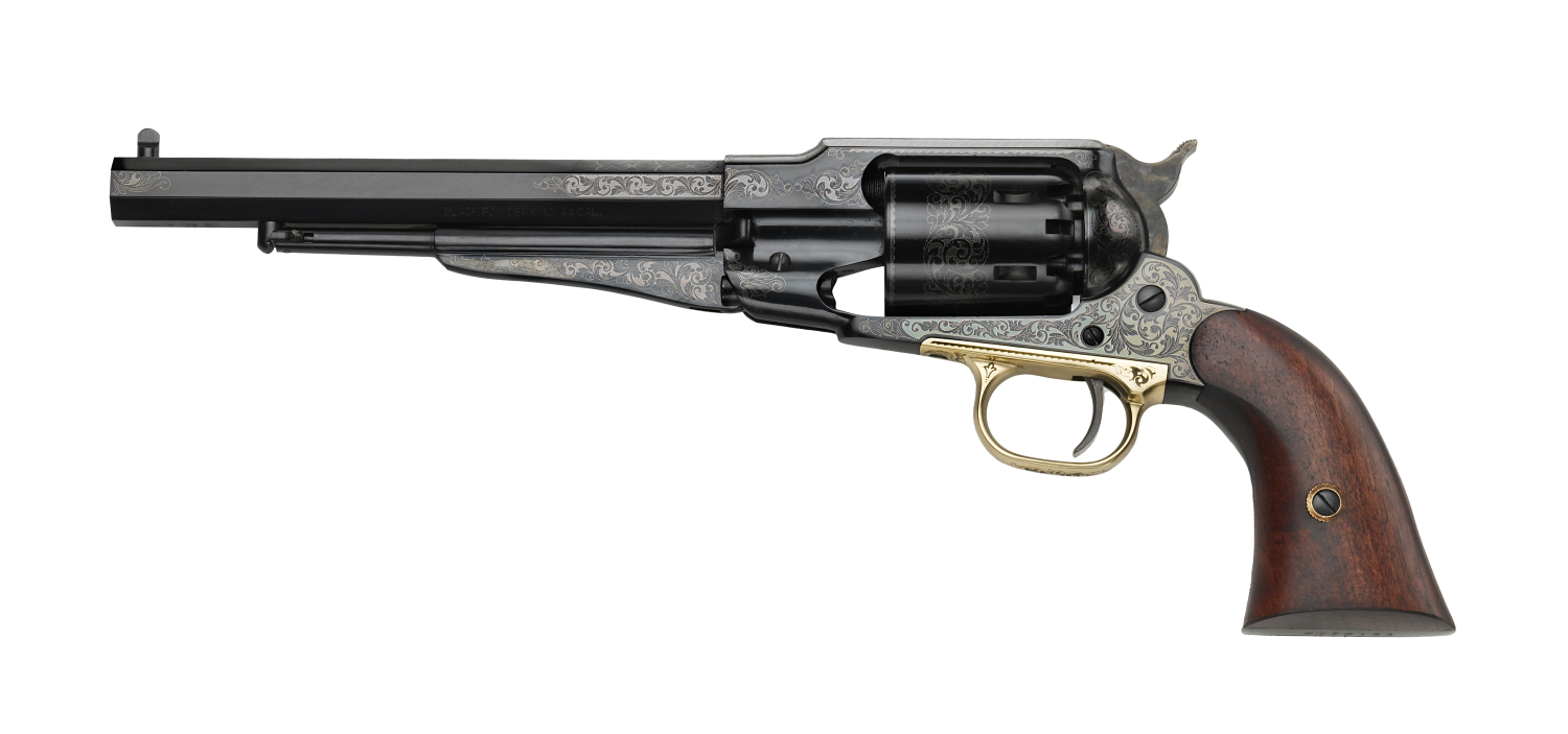 Revolver à poudre noire PIETTA Remington 1858 General Custer nickelé gravé barillet doré 8