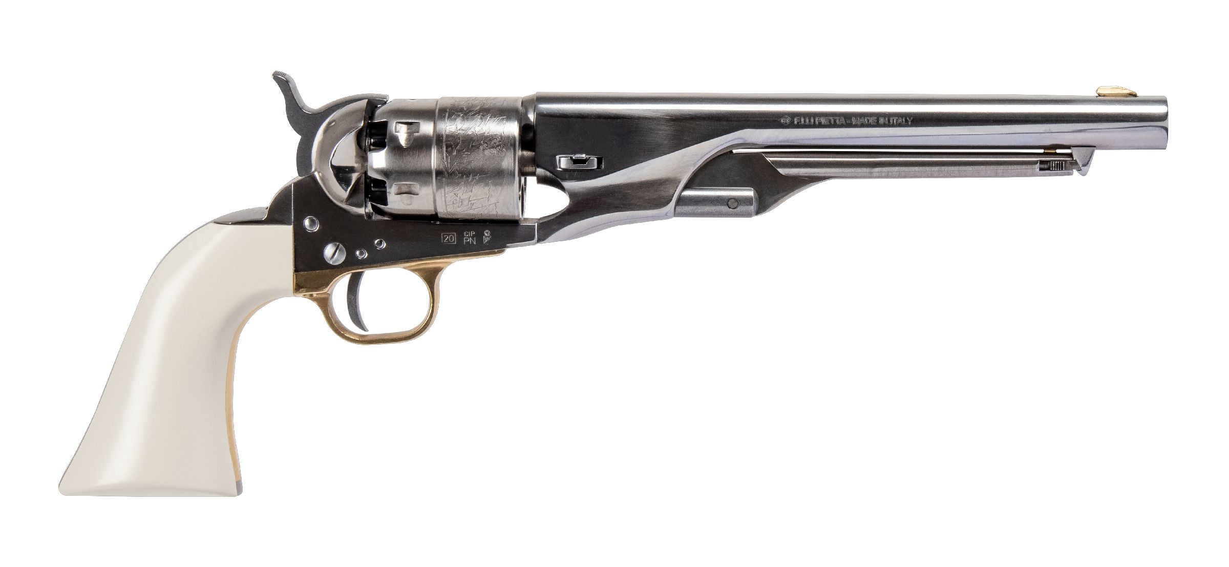 RÉVOLVER À POUDRE NOIRE PIETTA 1860 ARMY OLD SILVER IVOIRINE GRAVÉ 8